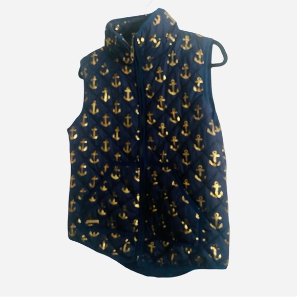 Simply Southern Women’s Puffer Vest Medium Navy Blue Nautical Boat Anchors Zip - Picture 2 of 4